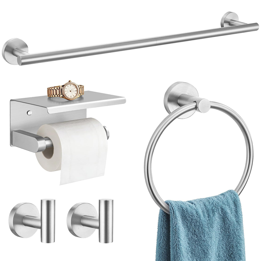 TURS Brushed Gold 5 Piece Bathroom Hardware Set, SUS304 Stainless Steel 24 Inch Bath Towel Bar Set, Round Bathroom Accessories Kit Wall Mounted
