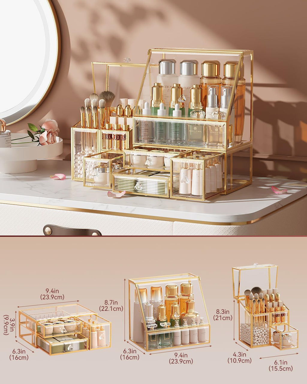 CoralHouse Glass Makeup Organizer with Brush Holder for Vanity