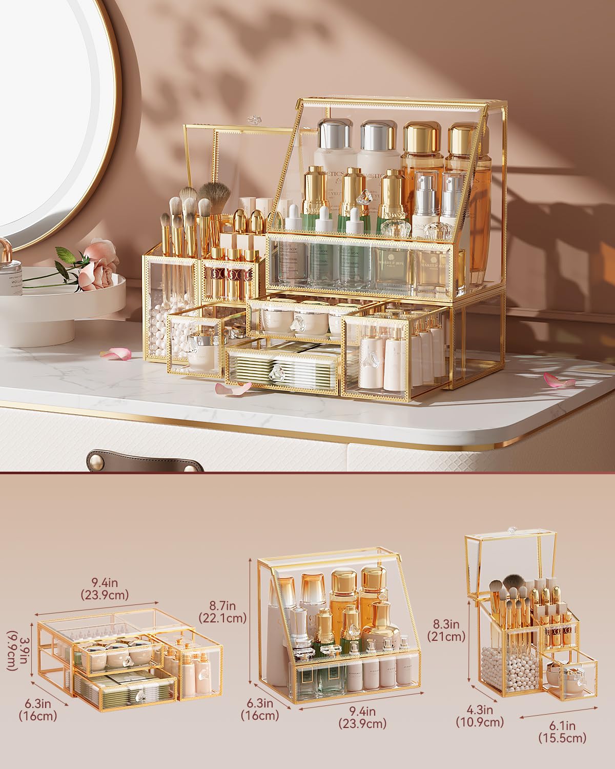CoralHouse Glass Makeup Organizer with Brush Holder for Vanity
