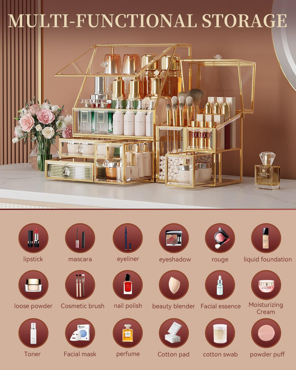 CoralHouse Glass Makeup Organizer with Brush Holder for Vanity