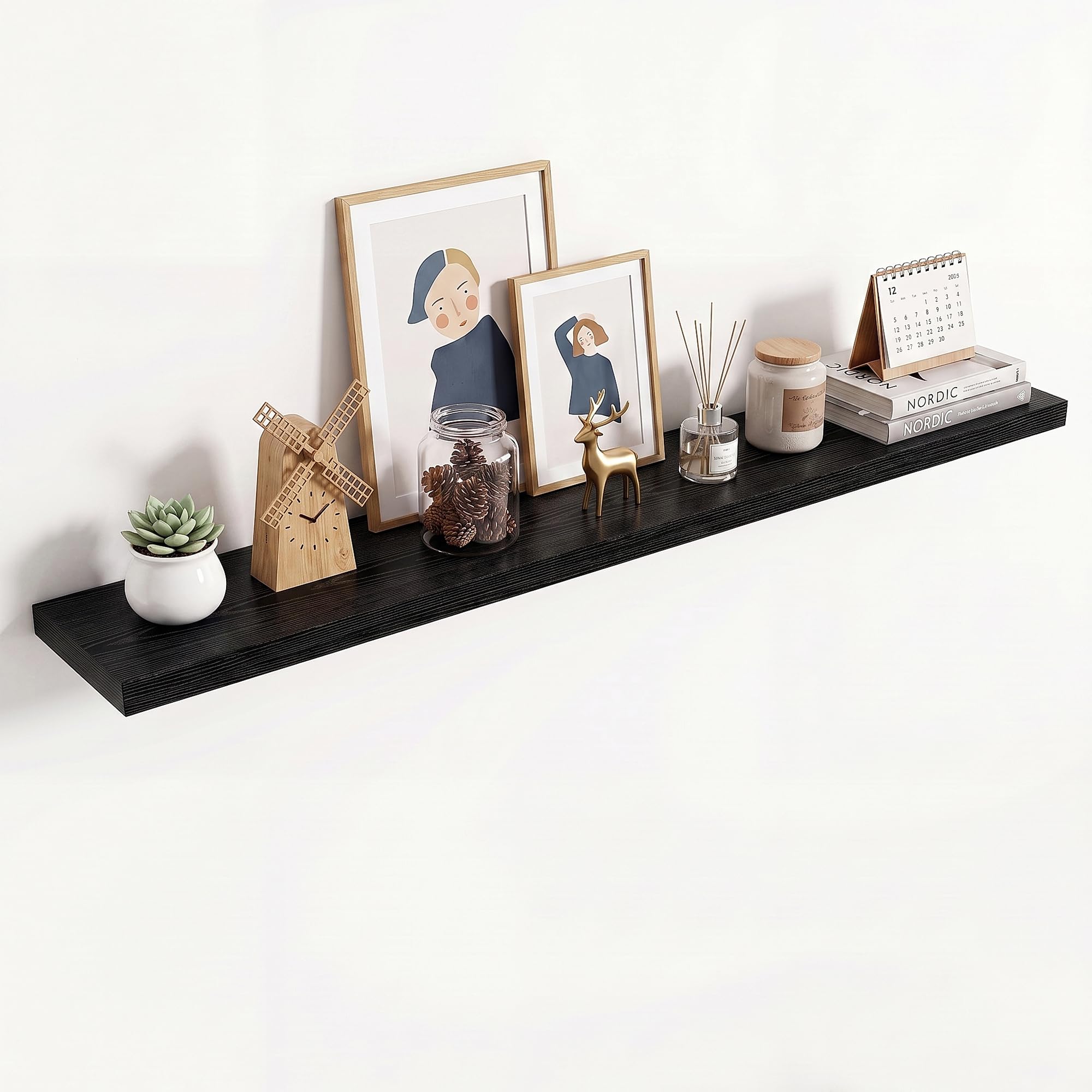 36in Floating Shelves for wall Set of 2, Black Wall Mounted Shelf 9.3in Deep for Wall Decor, Hanging Shelf 1.5in Thick for Living Room, Bedroom, Bathroom, Kitchen, Office
