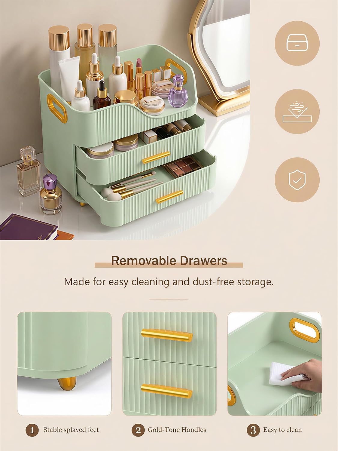 Booklov Large Makeup Organizer for Vanity, Bathroom Countertop, Green