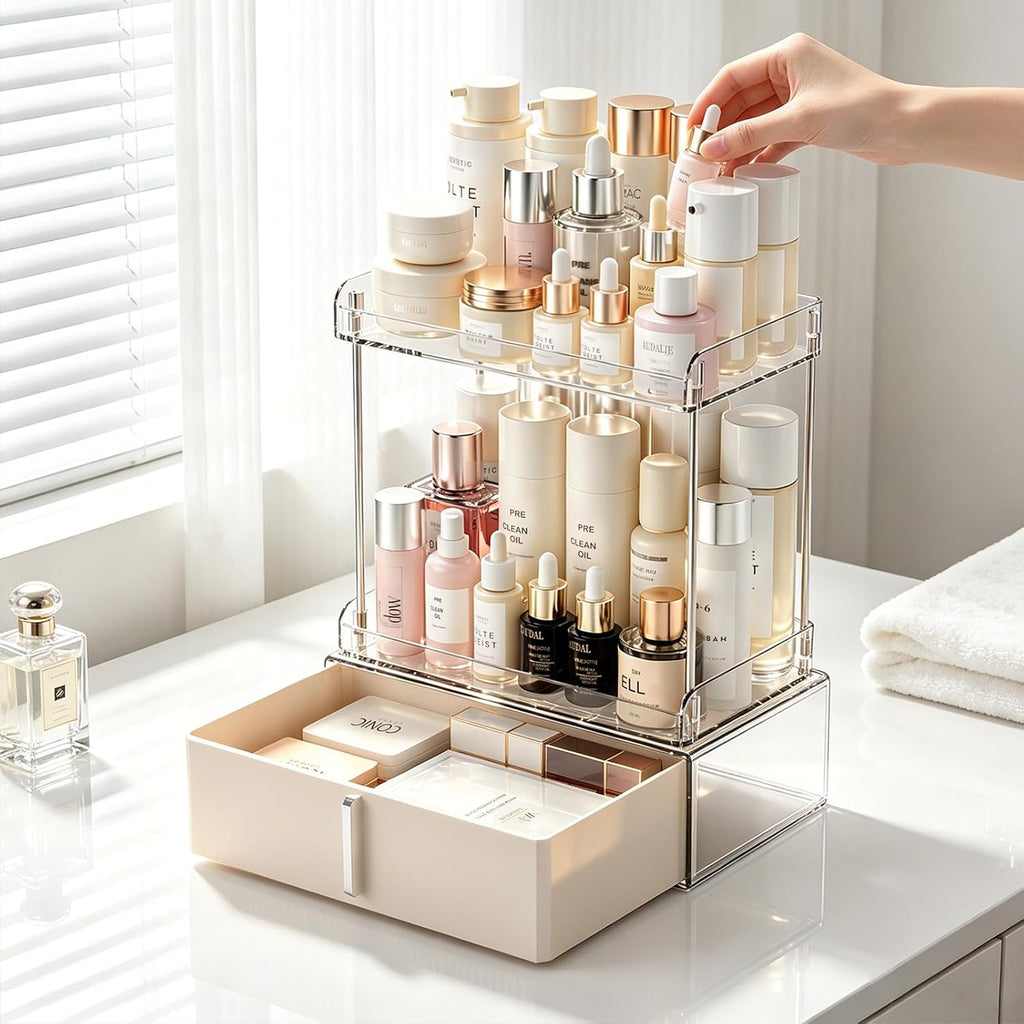 Pajiriona Makeup Organizer,Skincare Organizer for Vanity,2-Tier Large Capacity Cosmetic Storage Box for bathroom organizers and storage,Clear Cosmetic Display Case for Bedroom Countertop.