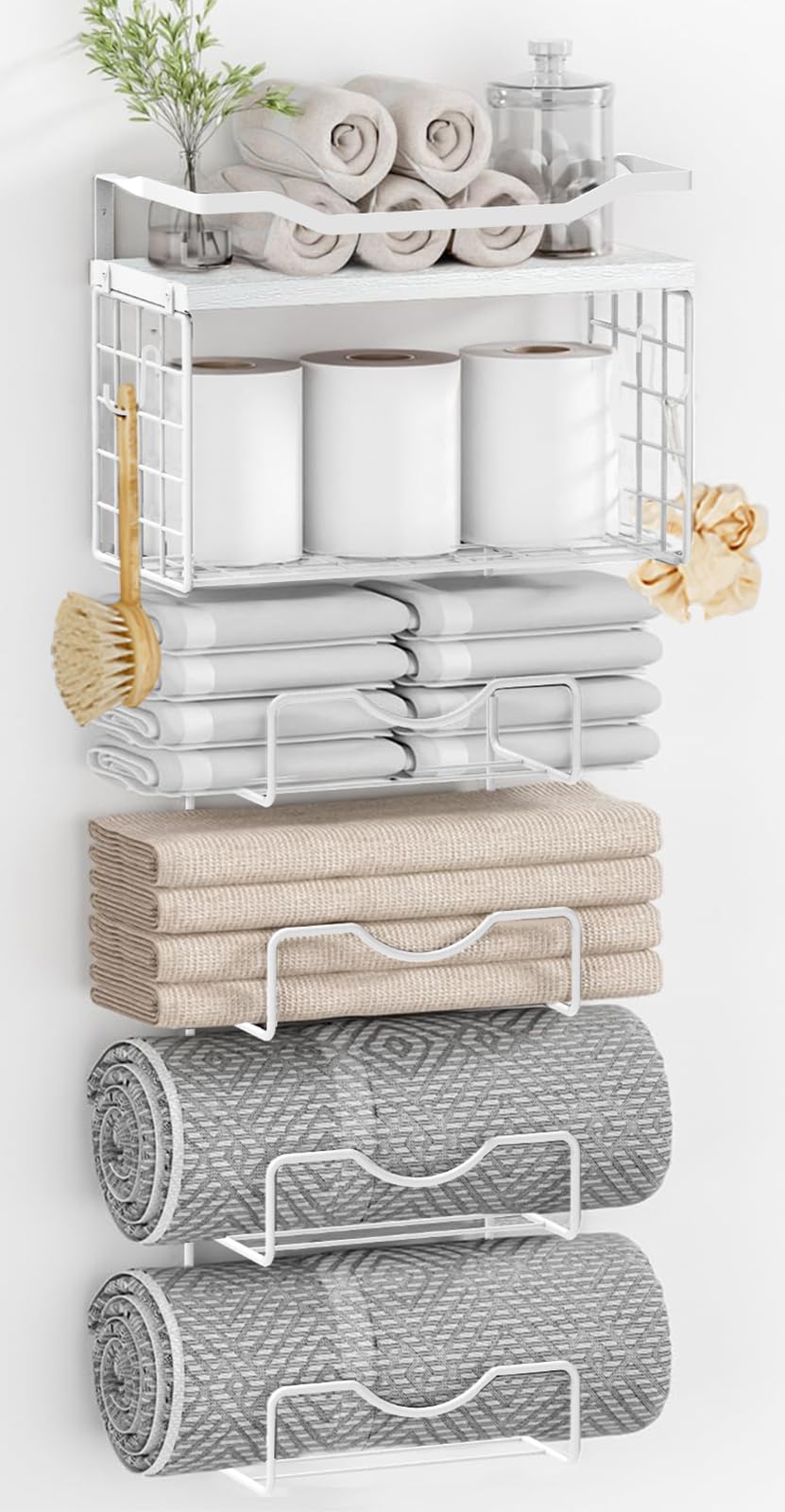 Towel Racks for Bathroom,Towel Rack Wall Mounted, 6 Tier Rolled Or Folded Towel Holder with Floating Shelves, Bathroom Towel Holder for Bath, Hand Towels,Metal and Wood