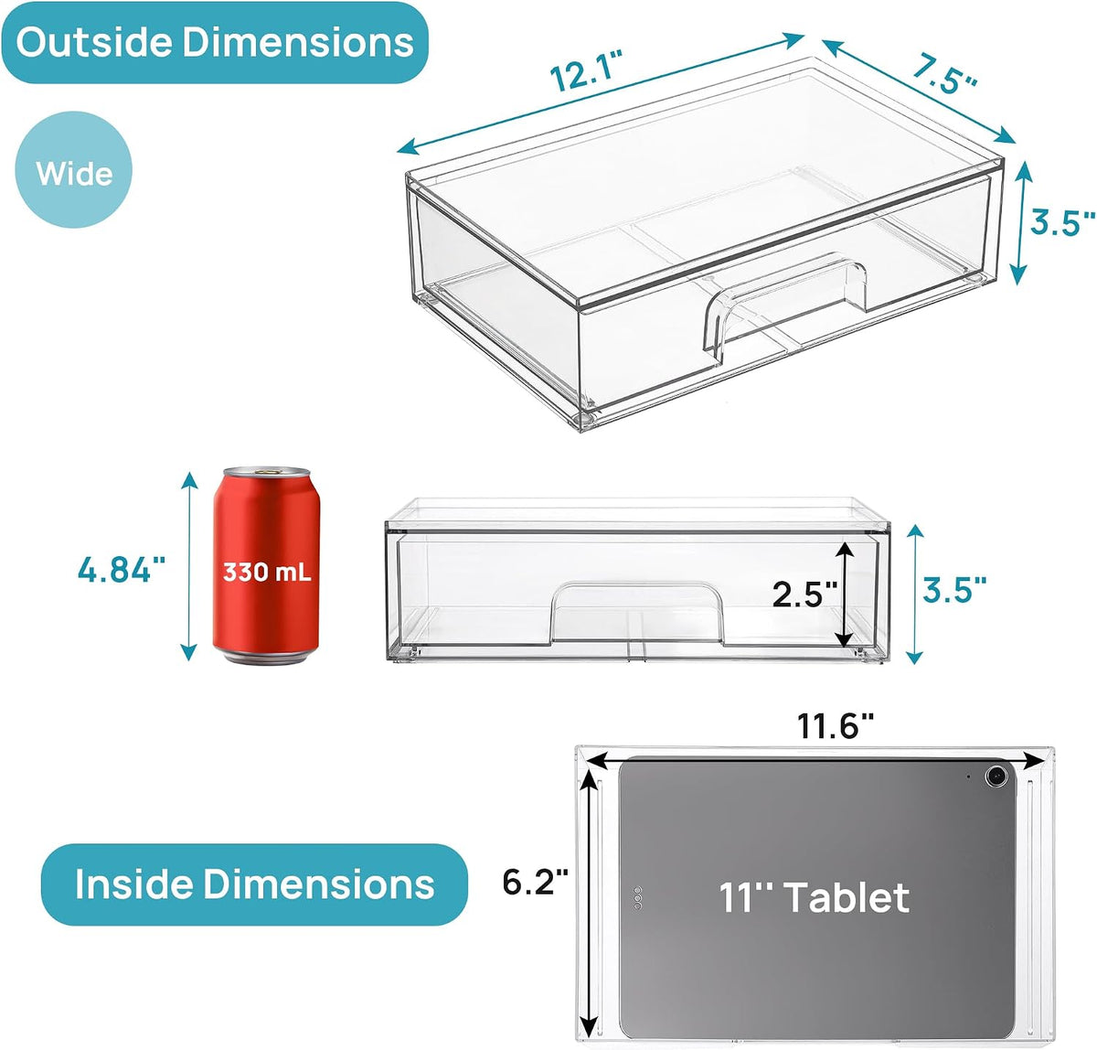 Vtopmart Clear Stackable Storage Drawers, 2 Pack Wide Plastic Organizers
