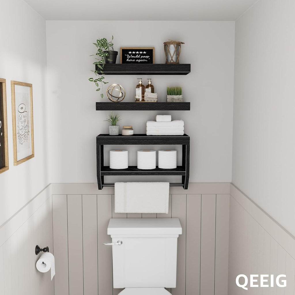 QEEIG Bathroom Wall Shelf Floating Shelves (Black, Set of 3,15.7")