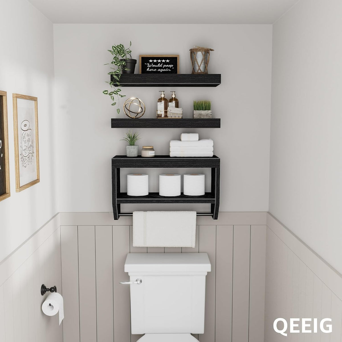 QEEIG Bathroom Wall Shelf Floating Shelves (Black, Set of 3,15.7")