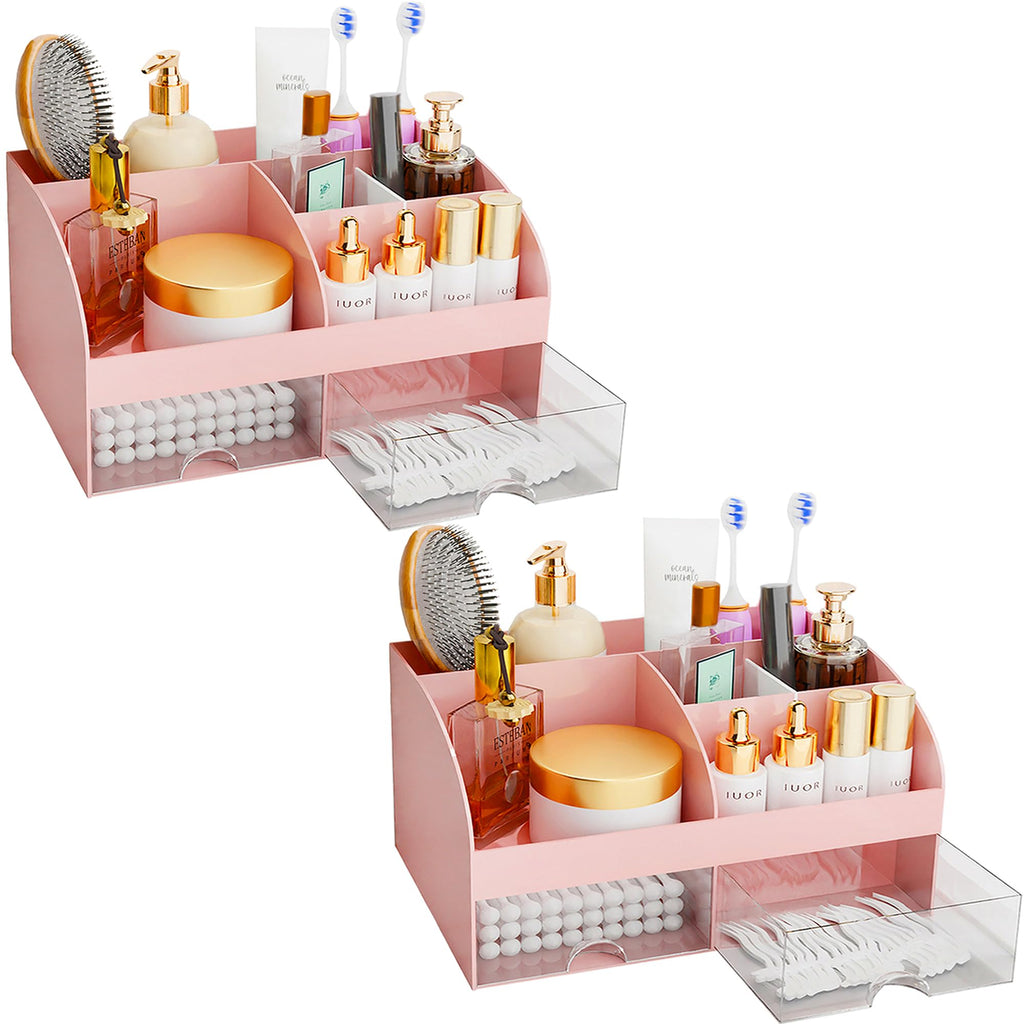 Makeup Organizer with Drawers, Cosmetic Storage for Dresser Vanity and Bathroom Countertop, Beauty Holder for Lipstick Brush, Skincare Organizer for Vanity, Cosmetic Display Case (Black-2Pack)