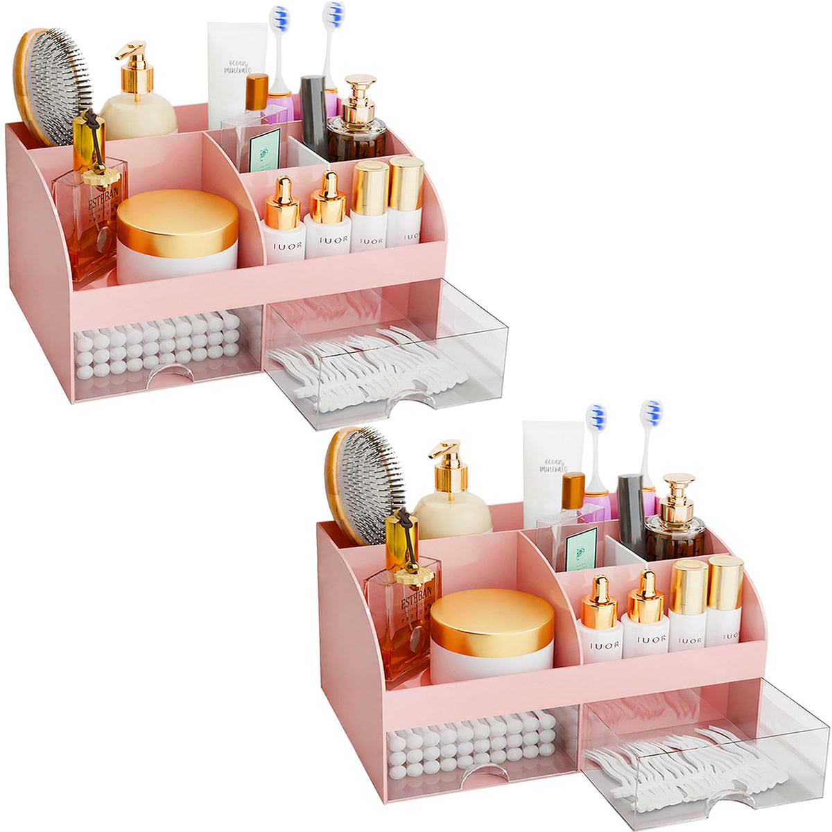 Makeup Organizer with Drawers, Cosmetic Storage for Dresser Vanity and Bathroom Countertop, Beauty Holder for Lipstick Brush, Skincare Organizer for Vanity, Cosmetic Display Case (Black-2Pack)