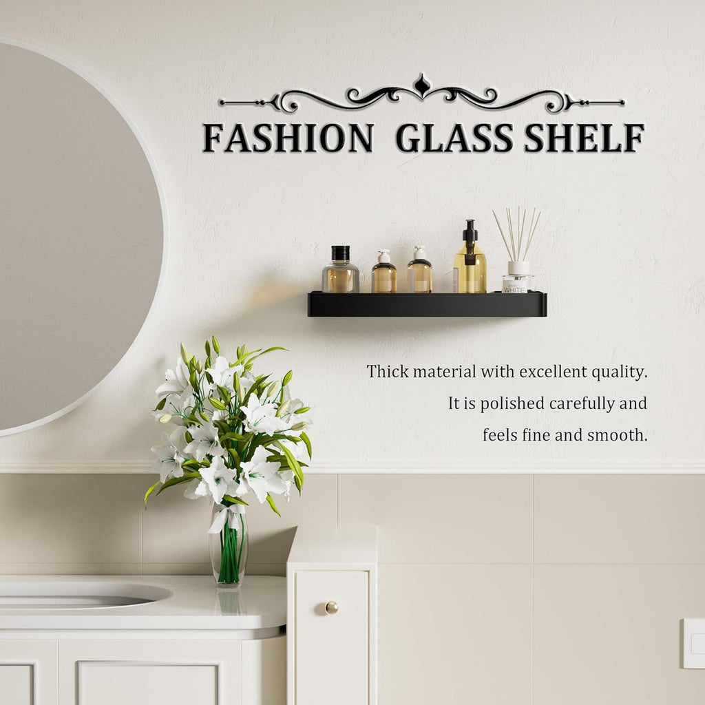 Alise Bathroom Shelves,11.8" Black Glass Shelves for Bathroom Wall Mounted
