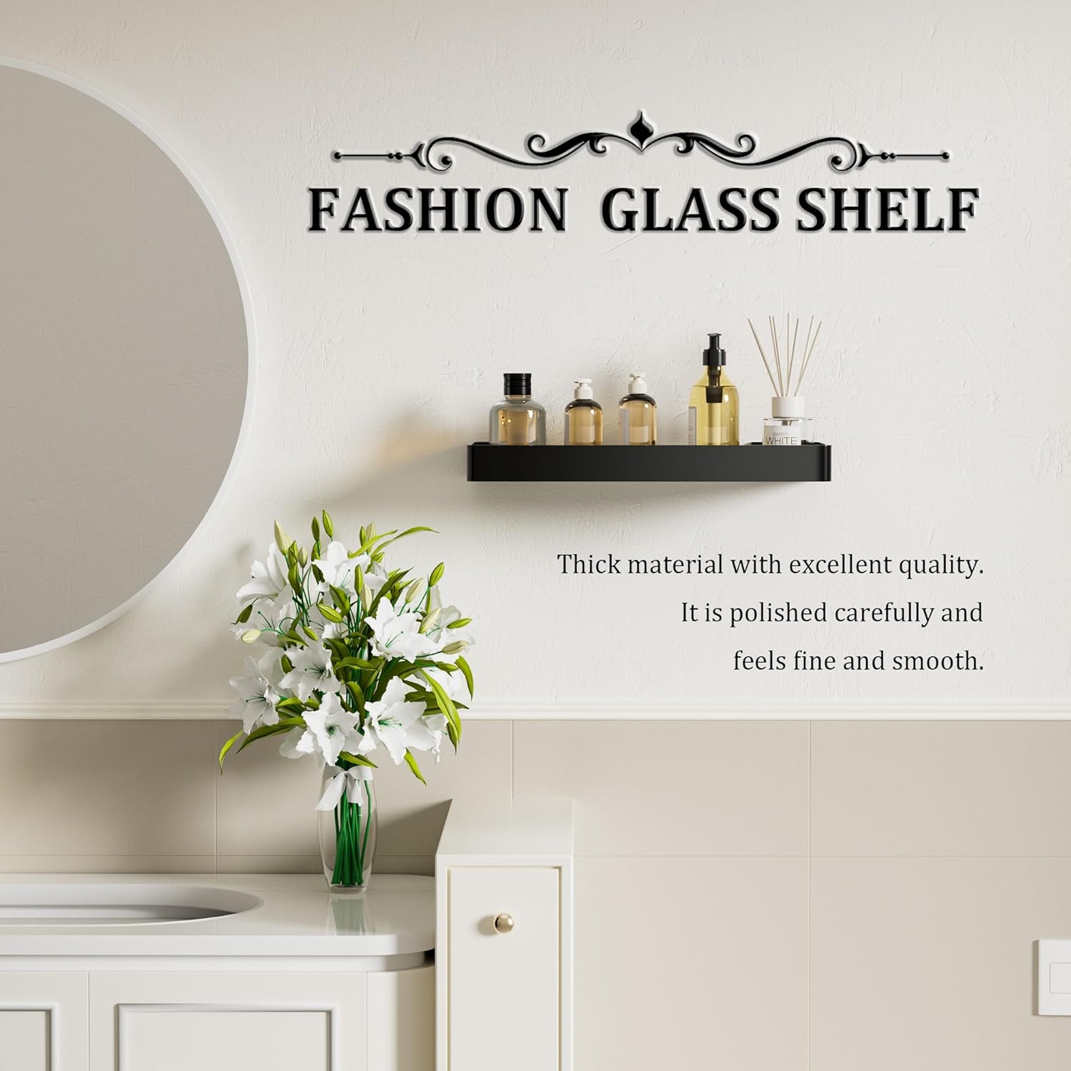 Alise Bathroom Shelves,11.8" Black Glass Shelves for Bathroom Wall Mounted