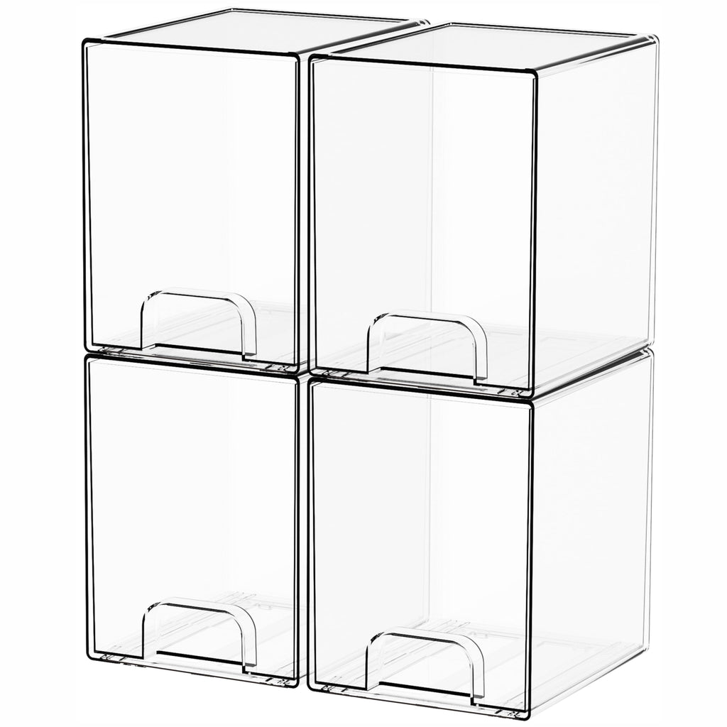 Yieach 4 Pack Clear Stackable Storage Drawers,4.4'' Tall Acrylic Drawer Containers for Organizing,Bathroom Organizers and Storage Bin Box,Plastic Makeup,Medicine Organizer Bins for Cabinet,Undersink