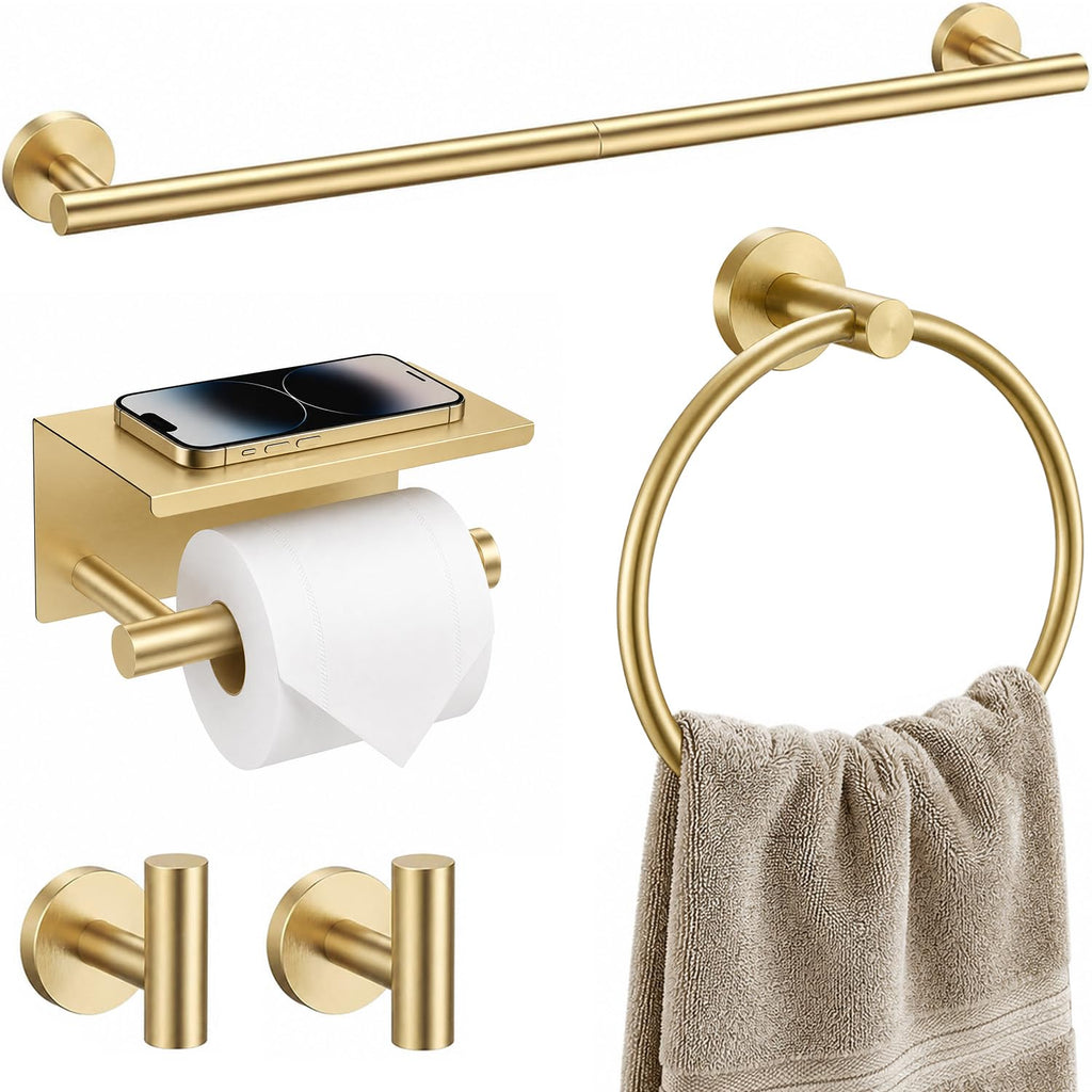 Brushed Gold Bathroom Accessories Set, 7 Pieces Gold Towel Bar Bathroom Hardware Set, 31.5 Inch Towel Racks for Bathroom, SUS304 Stainless Steel Bathroom Towel Holder Toilet Paper Holder Wall Mounted