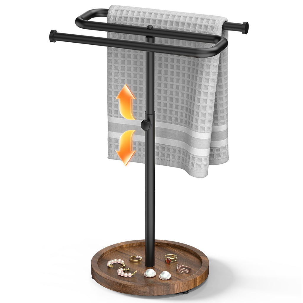Aetyord S-Shape Countertop Towel Holder - Height Adjustable for Bathroom/Kitchen/RV | Rustproof Metal & Wood Base All Black