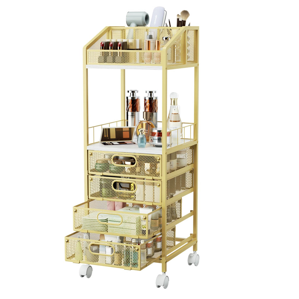 HapiRm Rolling Cart Makeup Organizer - Metal Makeup Cart with Wheels and Drawers for Small Spaces & Messy Vanities, Space-Saving Beauty Cosmetics Cart Storage Cabinet Stand for Perfume Hair Tools