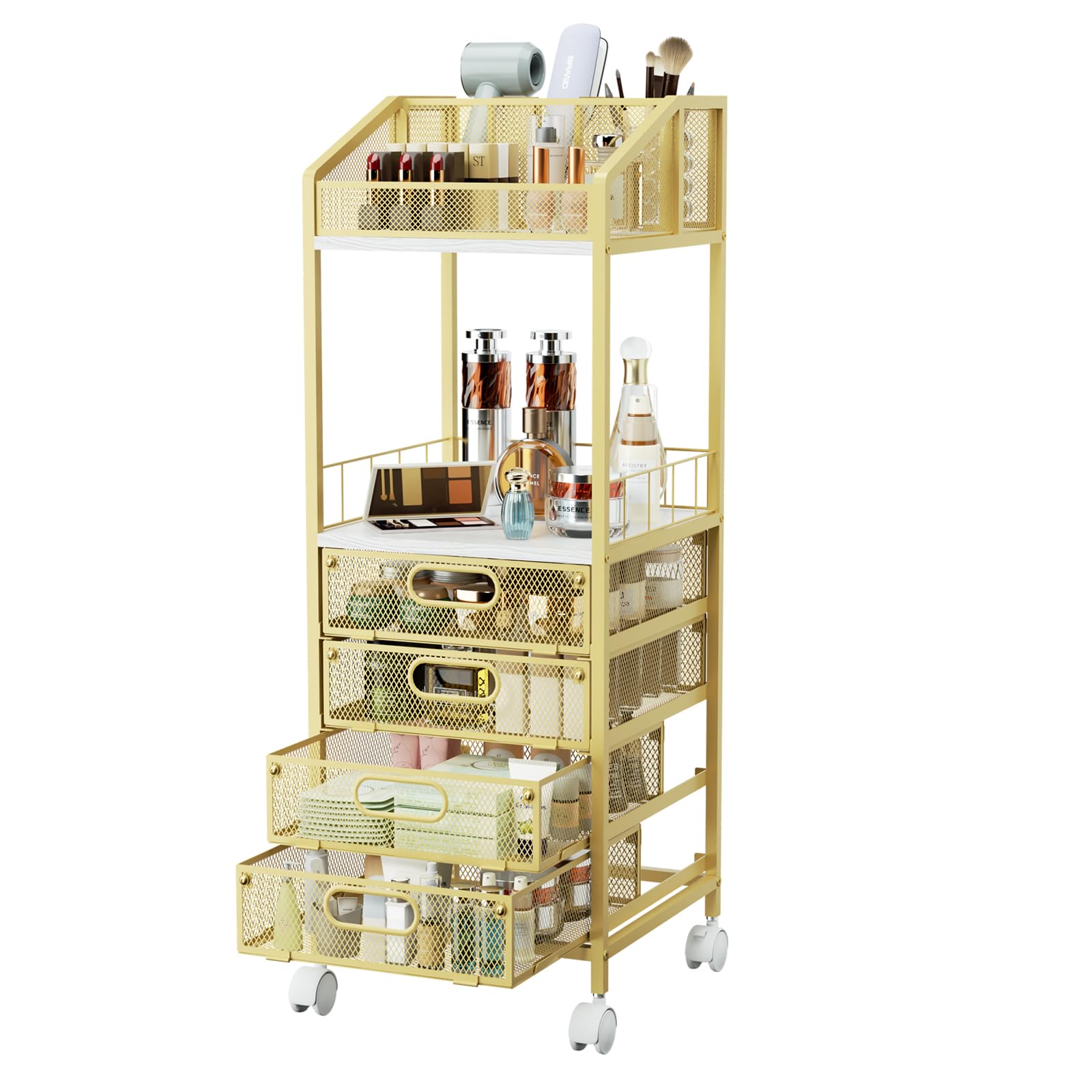 HapiRm Rolling Cart Makeup Organizer - Metal Makeup Cart with Wheels and Drawers for Small Spaces & Messy Vanities, Space-Saving Beauty Cosmetics Cart Storage Cabinet Stand for Perfume Hair Tools