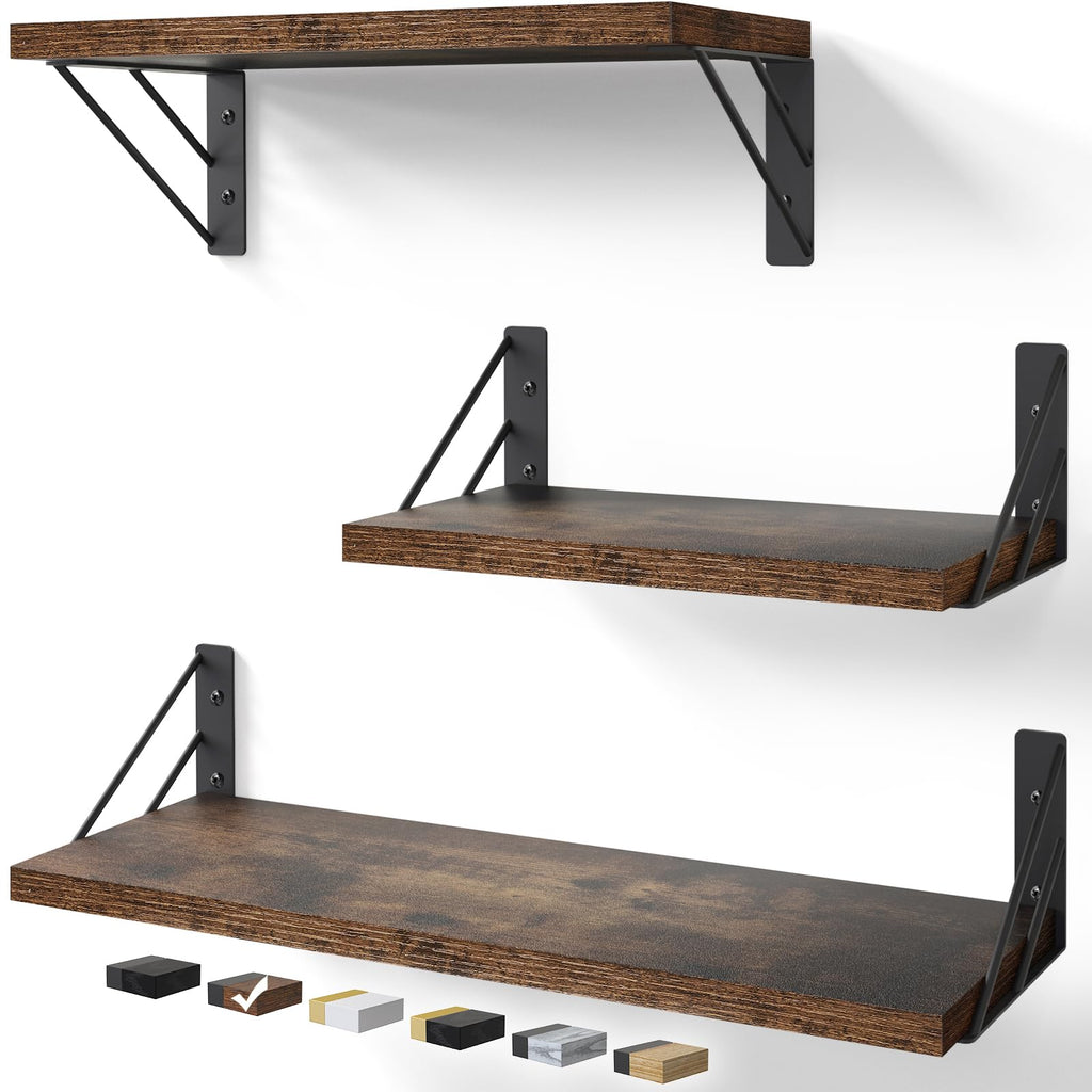 BAYKA Wall Mounted Floating Shelves, Wood Floating Wall Shelf for Books & Decor, Small Space-Saving Display & Organizer（Black，Set of 4）