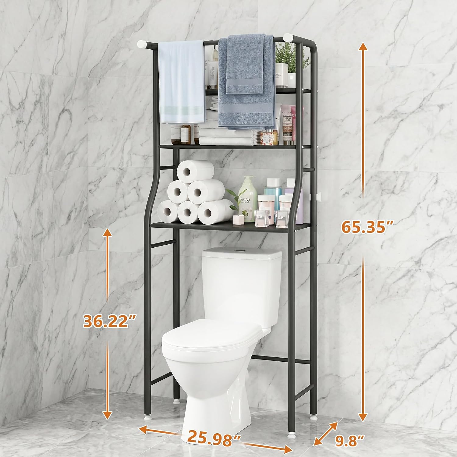UDEAR 3-Tier Over The Toilet Rack,with Hanging Rod,Tower Shelf,Black