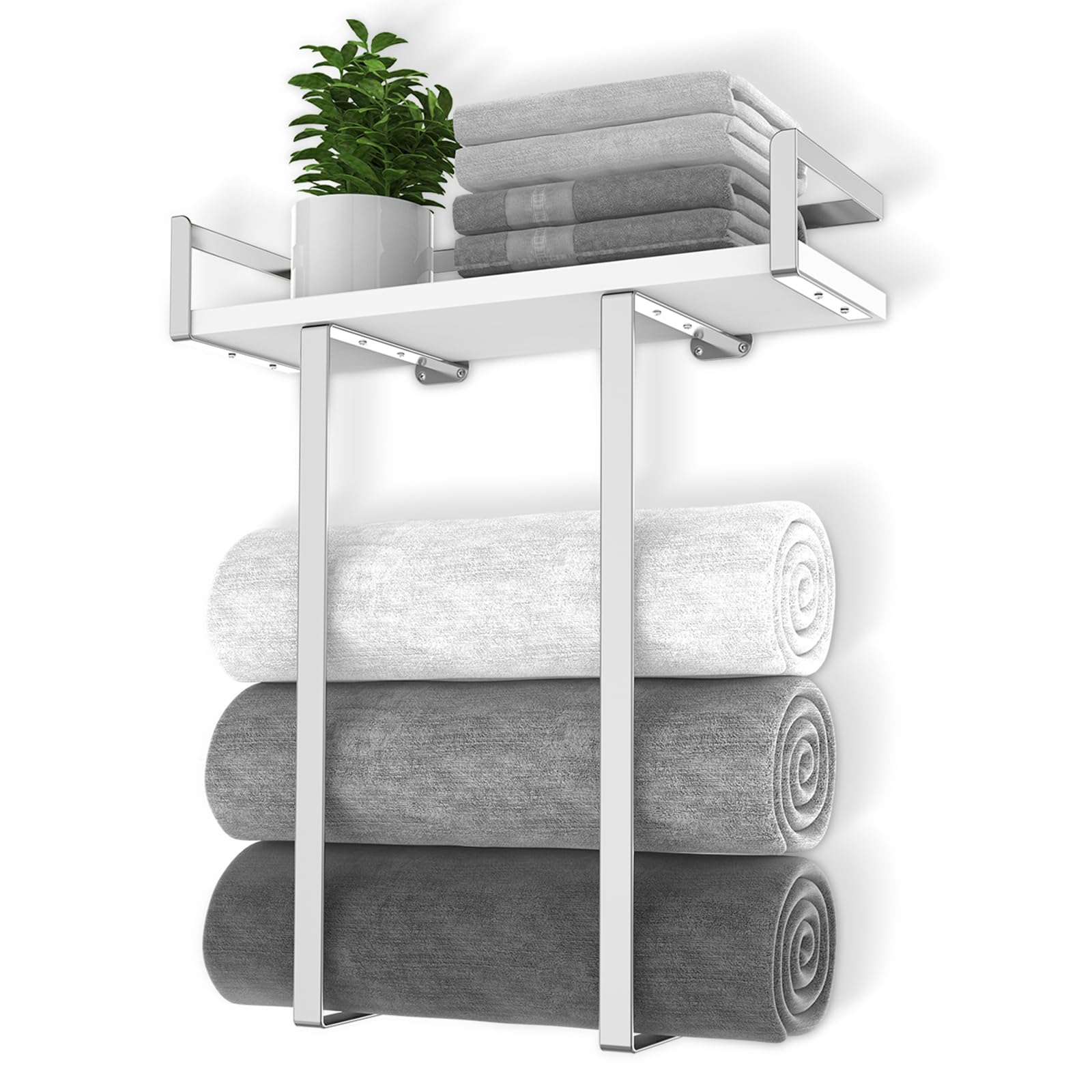 Xstydes Towel Racks for Bathroom Wall Mounted, Metal Towel Holder with Wooden Shelf for Folding Large Towels, Towel Storage for Small Bathroom Organizer Decor or RV Camping