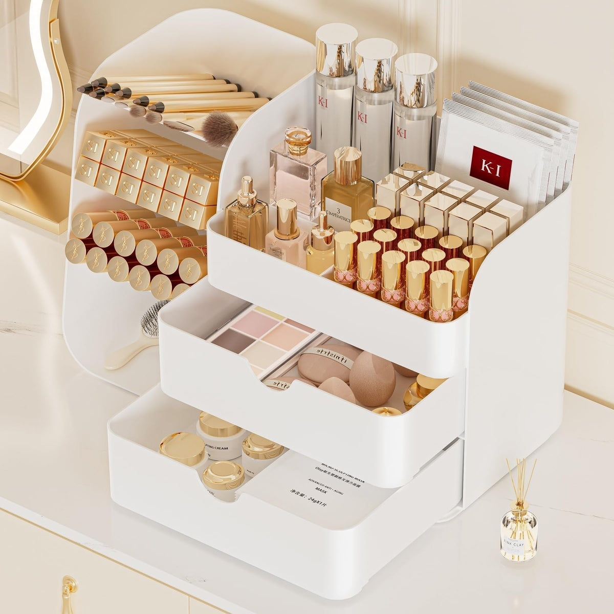 Booklov Large Makeup Organizer for Vanity Countertop, White