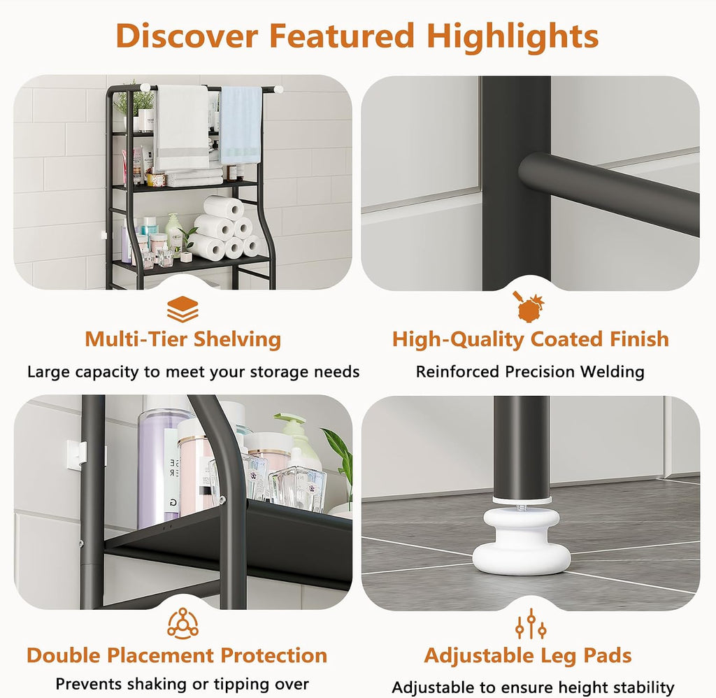 UDEAR 3-Tier Over The Toilet Rack,with Hanging Rod,Tower Shelf,Black