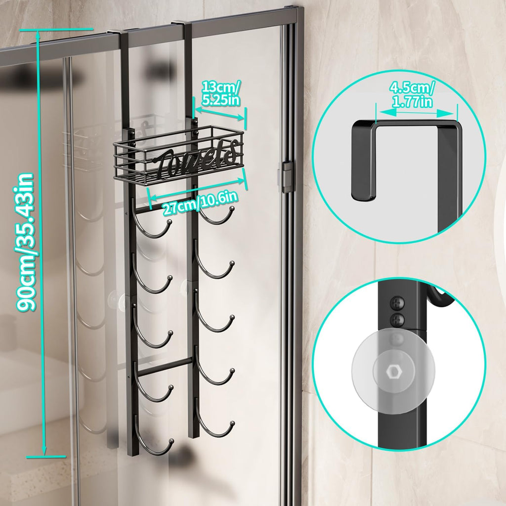 HapiRm Towel Racks for Bathroom Storage - 6 Tier Over The Door & Wall Mount Rolled Towel Storage Organizer Holder with Metal Shelf Basket for Small Bathroom, Camper, Rv - Black, Patented