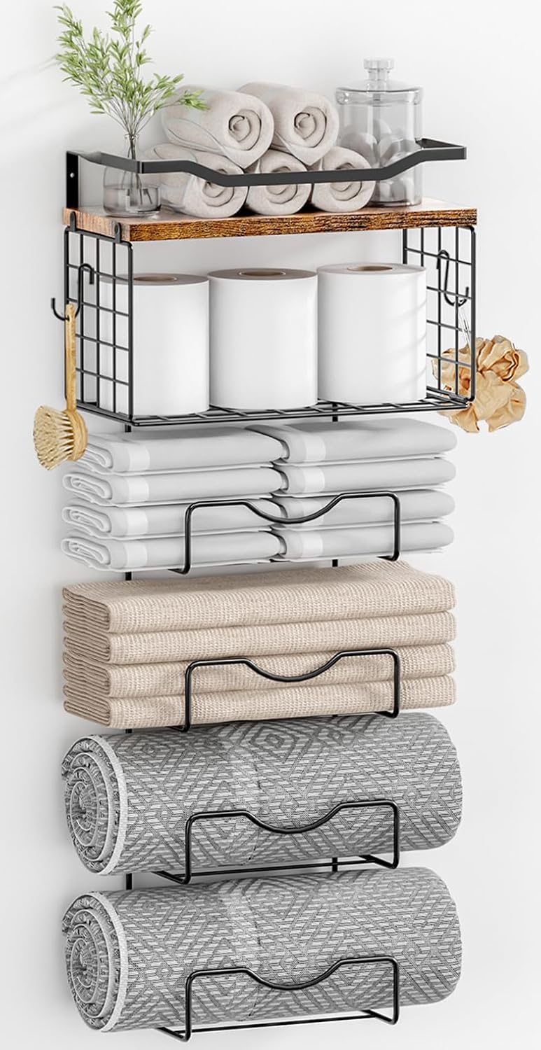 Towel Racks for Bathroom,Towel Rack Wall Mounted, 6 Tier Rolled Or Folded Towel Holder with Floating Shelves, Bathroom Towel Holder for Bath, Hand Towels,Metal and Wood