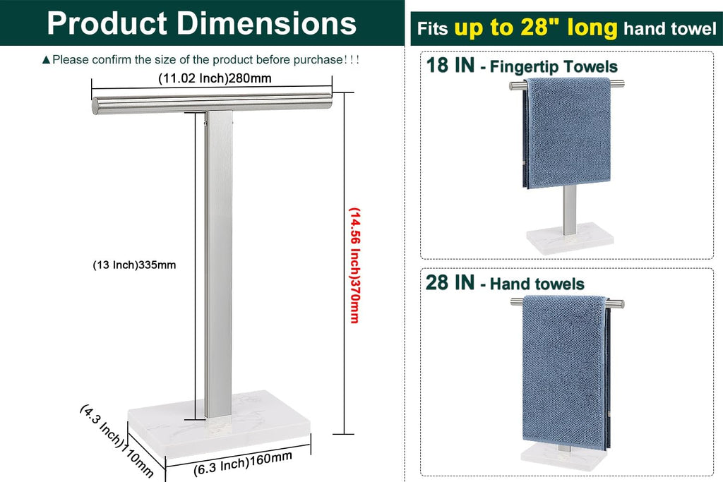 Hand Towel Holder, T-Shape Hand Towel Stand for Bathroom, Hand Towel Rack Bar Standing for Vanity Kitchen Countertop, 304 Stainless Steel (Marble Base, Brushed)