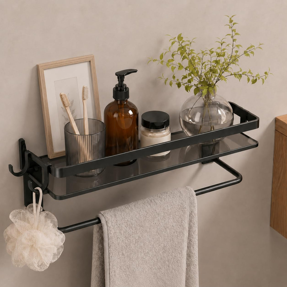 VOLPONE Glass Shelf for Bathroom 15.7 in Black Bathroom Shelves Wall Mounted Tempered Glass Shelving with 4 Removable Hooks (2 Tier)