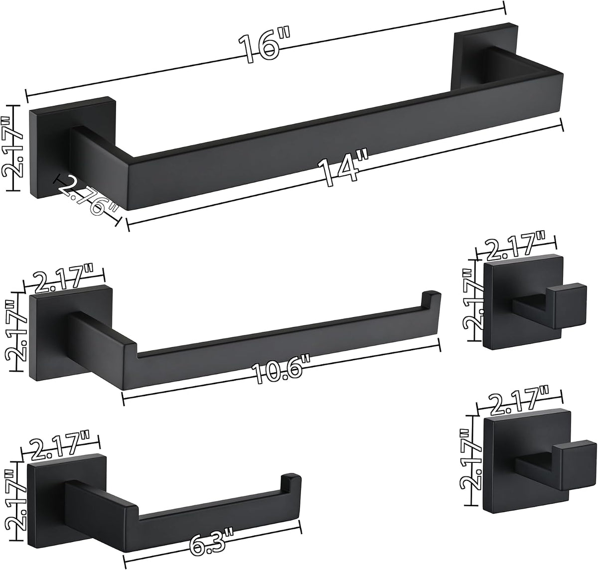 5-Piece Bathroom Hardware Set, 16 in Towel Bar, Matte Black