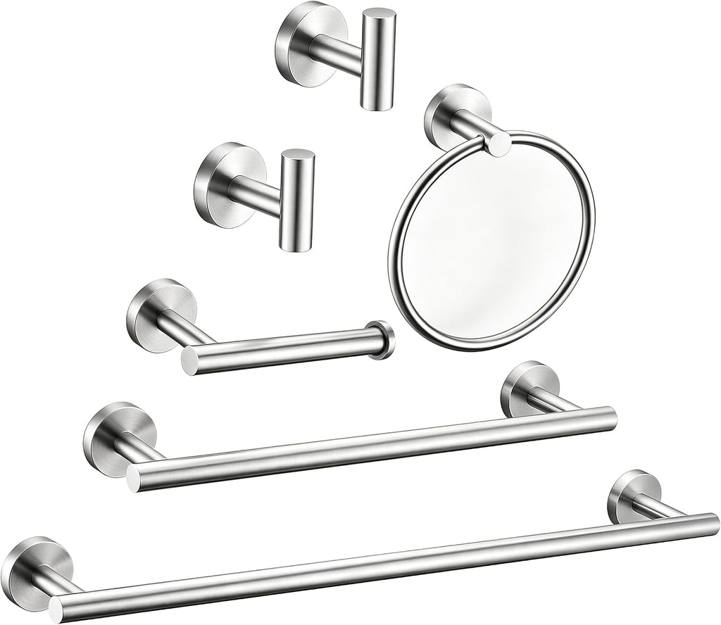 6 Pieces Brushed Nickel Bathroom Hardware Accessories Set Hand Towel Ring 16&23.6 inch Round Towel Bar Silver Toilet Paper Holder Towel Hooks 2 Pieces SUS 304 Stainless Steel,Heavy Duty,Wall Mounted