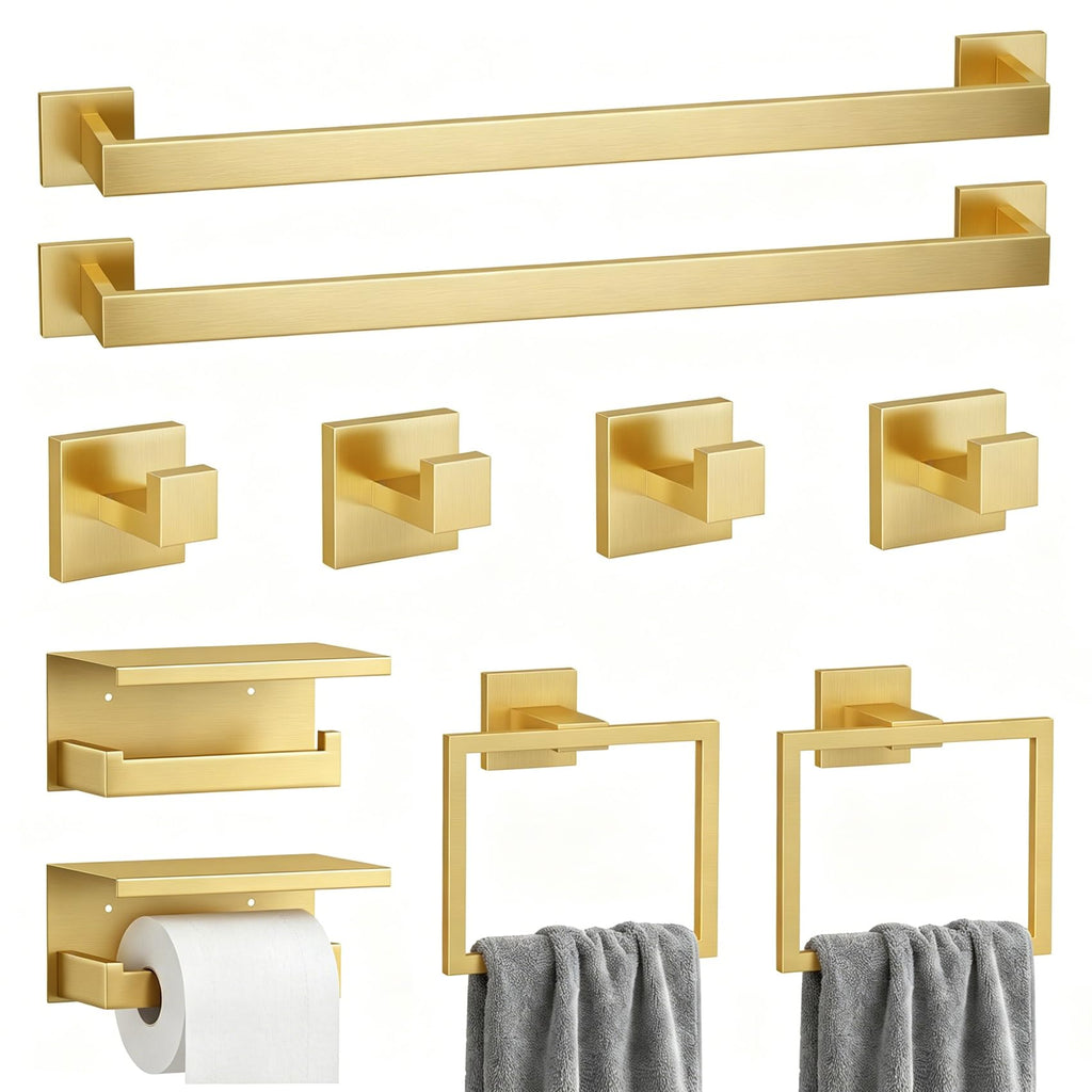 5-Piece Bathroom Hardware Set, 23.6 Inch Towel Bar Set SUS304 Stainless Steel Towel Racks for Bathroom Round Towel Bar, Towel Ring, Toilet Paper Holder, 2 Robe Hooks, Wall Mounted (Black)