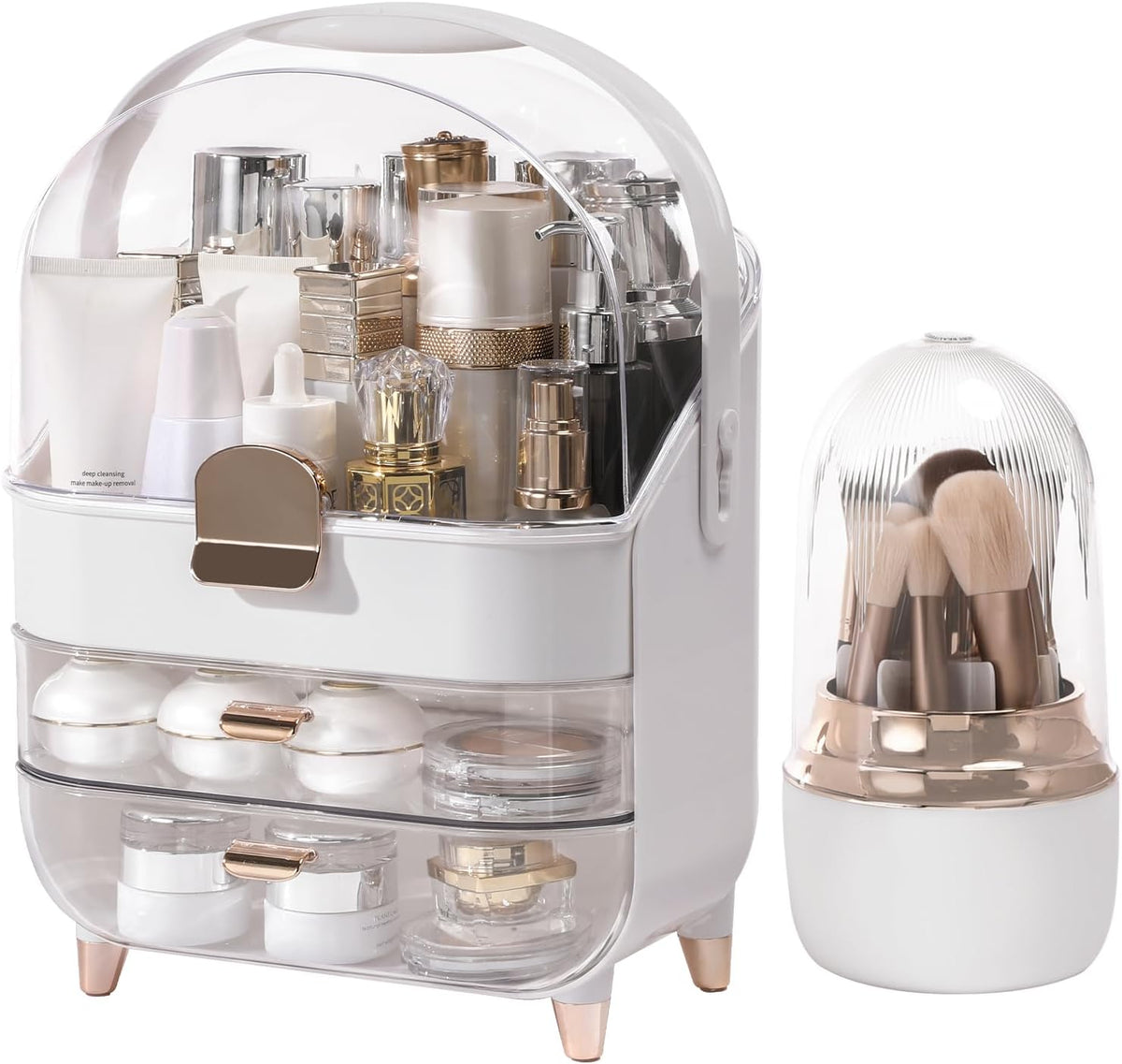 Makeup Organizer for Vanity with Brush Holder, Lid and 2 Drawers, Rose Gold