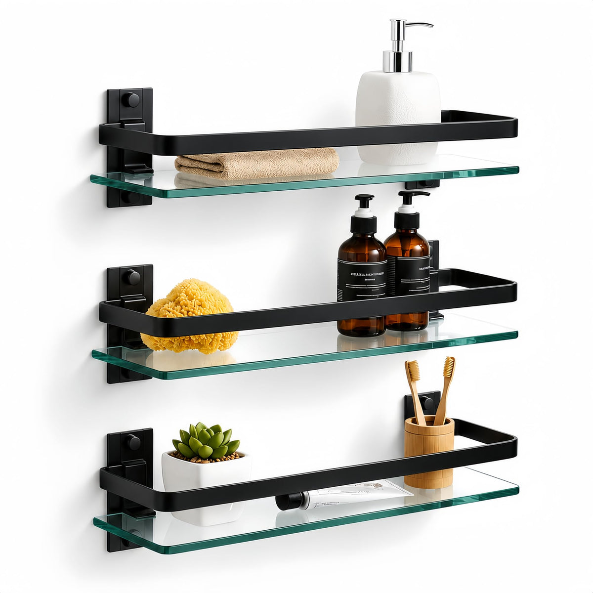 Bathroom Glass Shelf 15.7" Black Wall-Mounted, Floating Metal Storage Rack