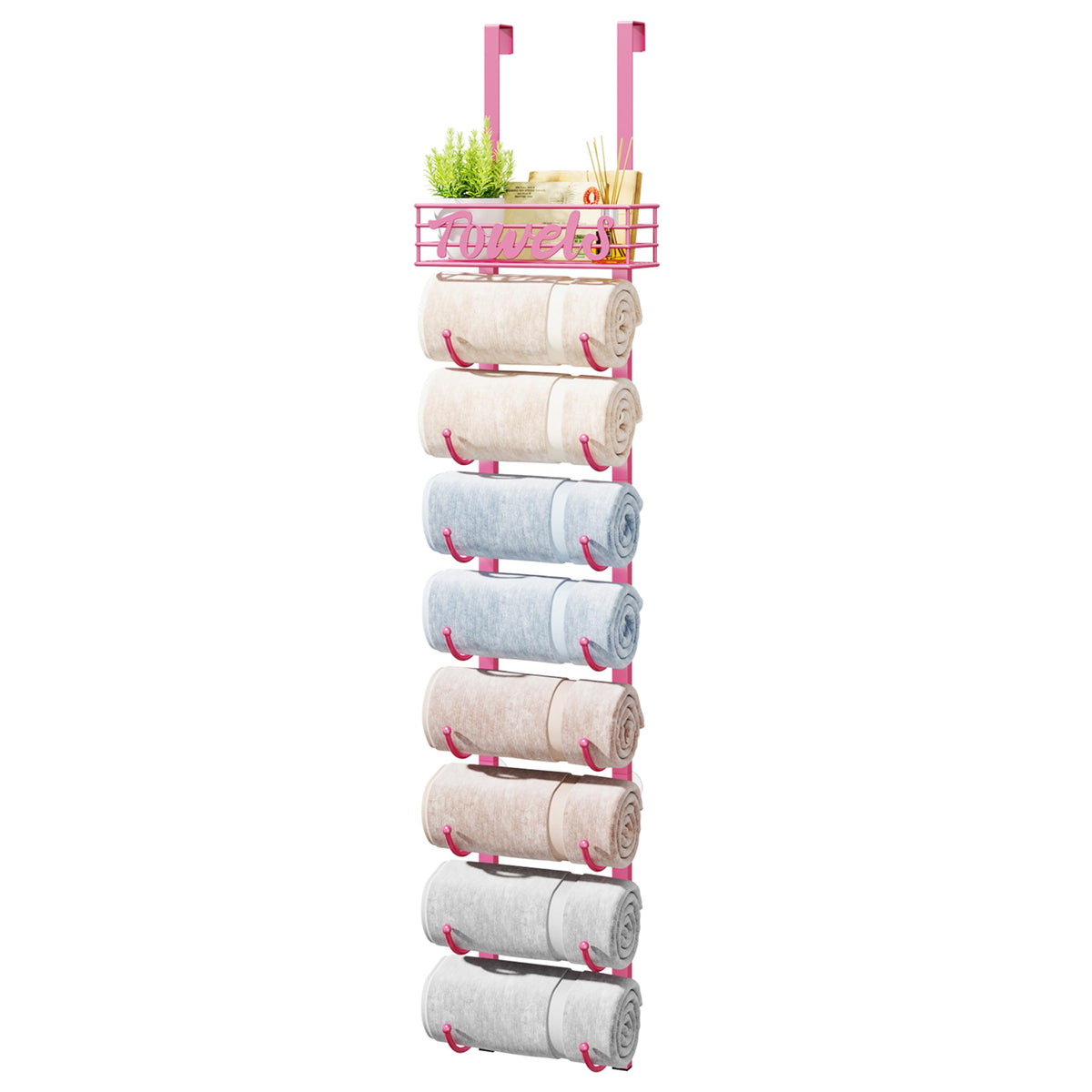HapiRm Towel Racks for Bathroom Storage - 6 Tier Over The Door & Wall Mount Rolled Towel Storage Organizer Holder with Metal Shelf Basket for Small Bathroom, Camper, Rv - Black, Patented