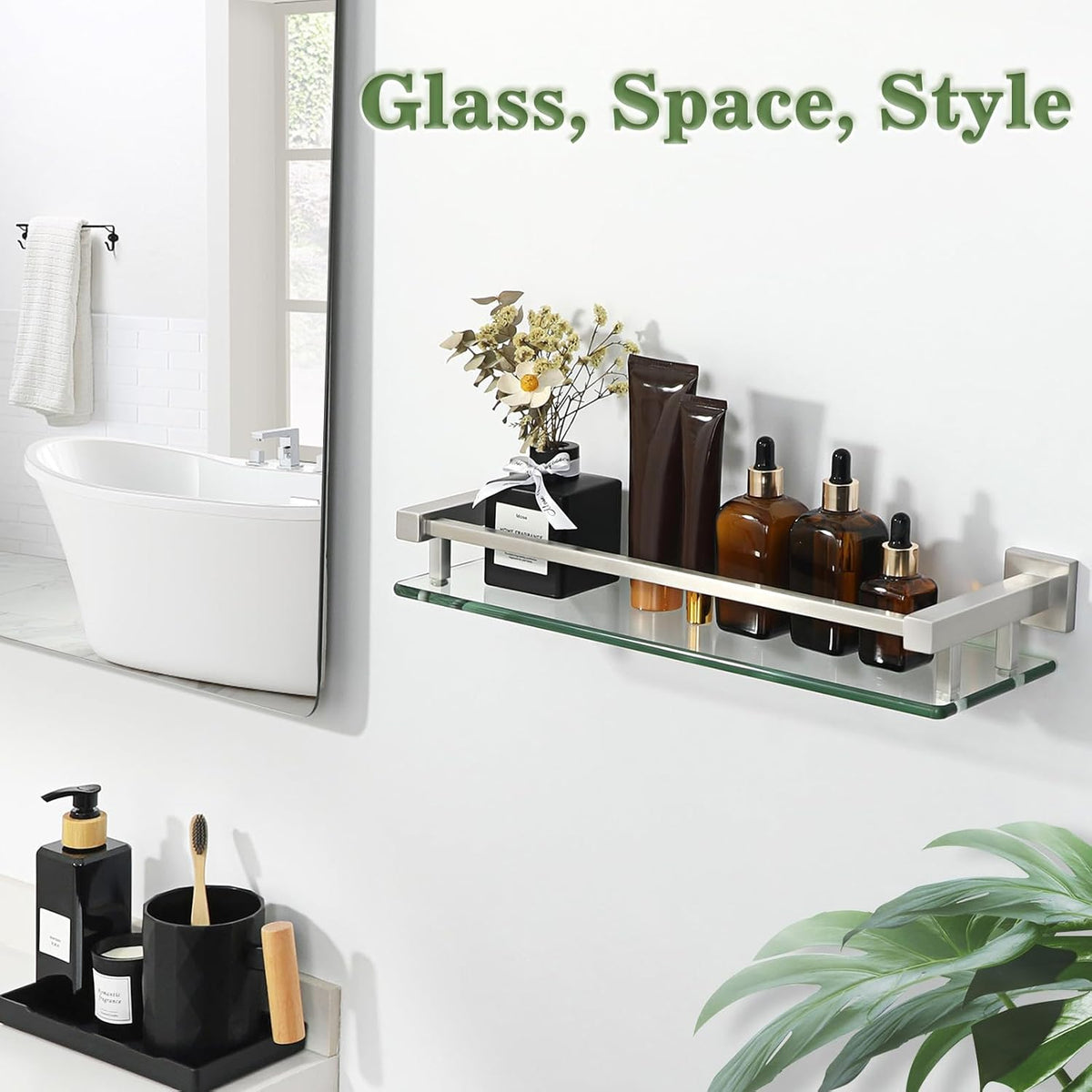 Alise Glass Shelf for Bathroom 16 Inch, Brushed Nickel Floating Glass Shelf