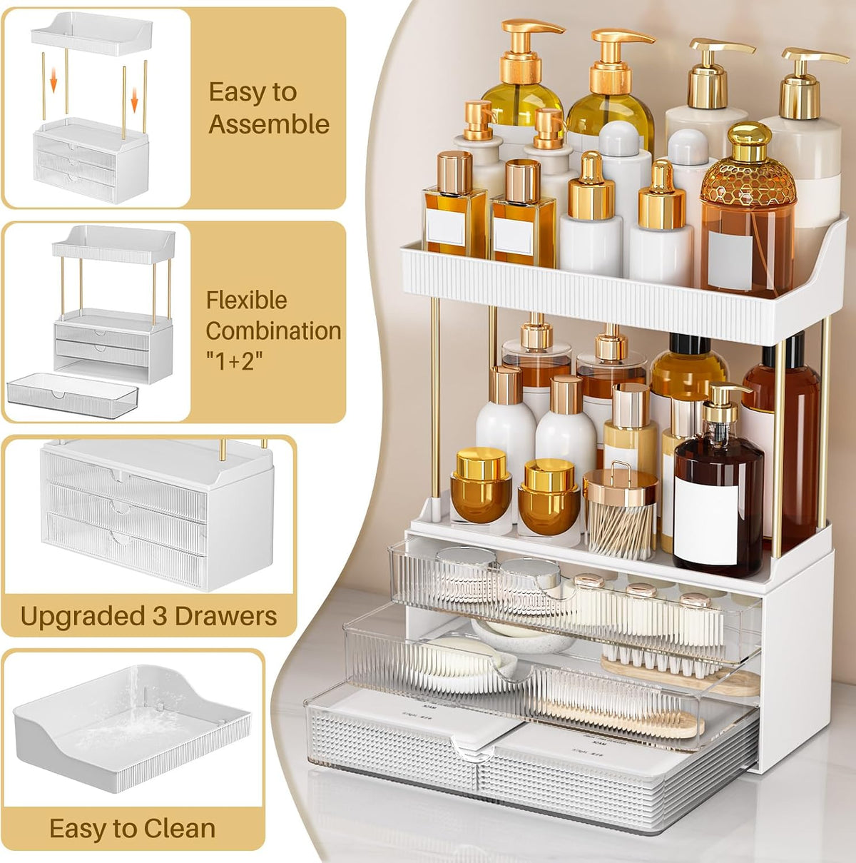 caktraie 3-Drawer 2-Tier Acrylic Makeup & Bathroom Vanity Organizer