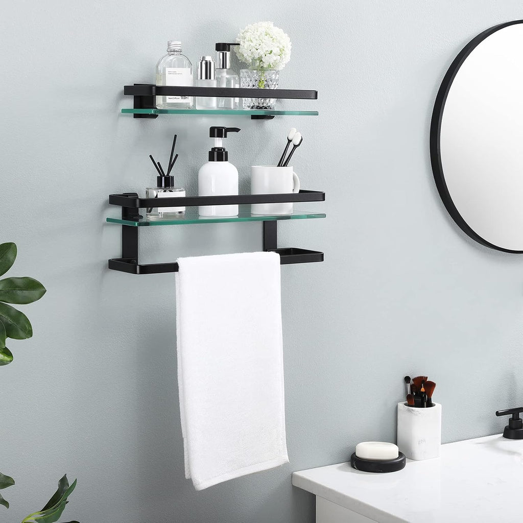 KES Glass Bathroom Shelf, Tempered Glass Floating Bathroom Shelf with Bar Rectangular Wall Mounted Rustproof Aluminum Black, A4126A-BK+A4127A-BK