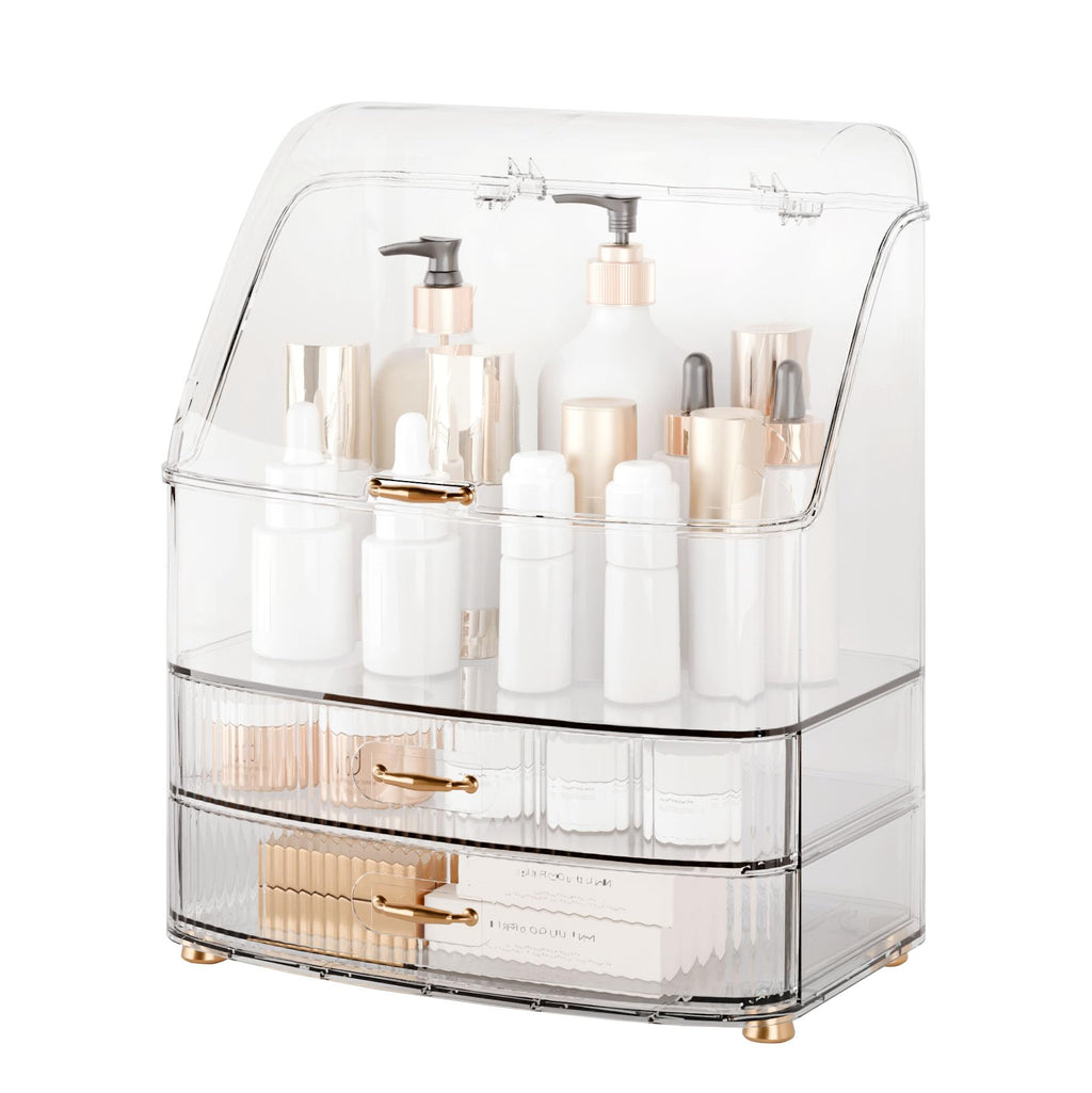 Makeup Organizer Countertop Vanity with Transparent Lid Drawers Waterproof Dustproof Cosmetic Skincare Bathroom Storage Gift for Women Teens Girls (White)