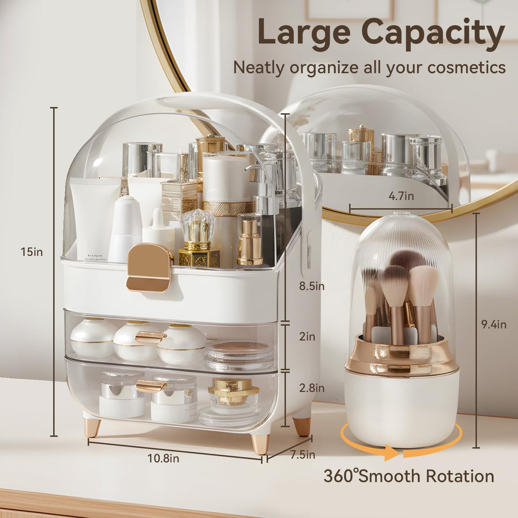 Makeup Organizer for Vanity with Brush Holder, Lid and 2 Drawers, Rose Gold