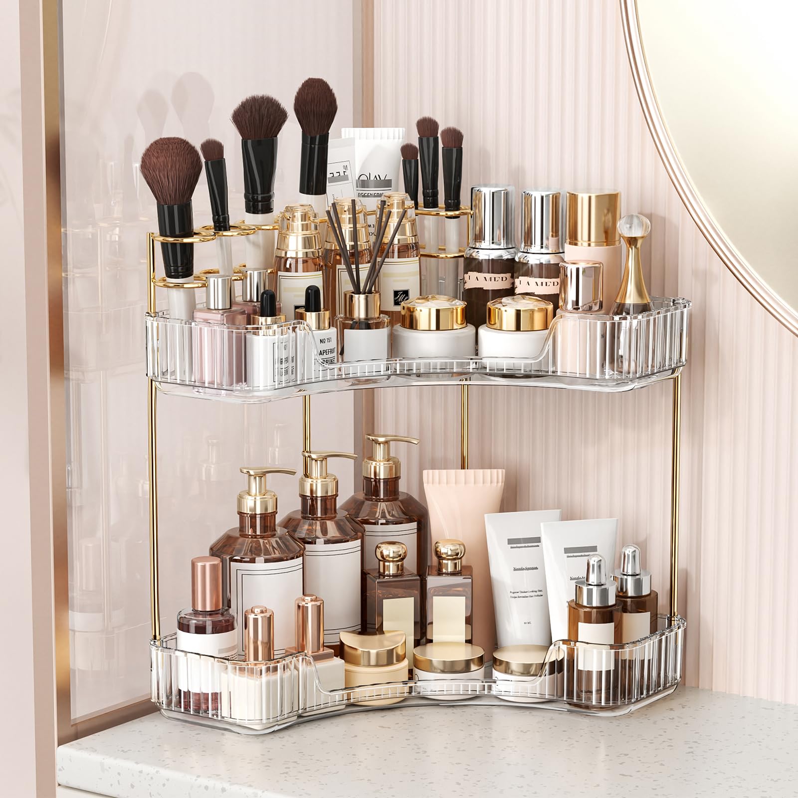 BEFSOP Corner Bathroom Counter Organizer, Upgraded 3-Tier Makeup Organizer Countertop with Makeup Brush Holder, Skincare Exquisite Vanity Organizers Countertop Bathroom Storage Dresser(CLEAR)