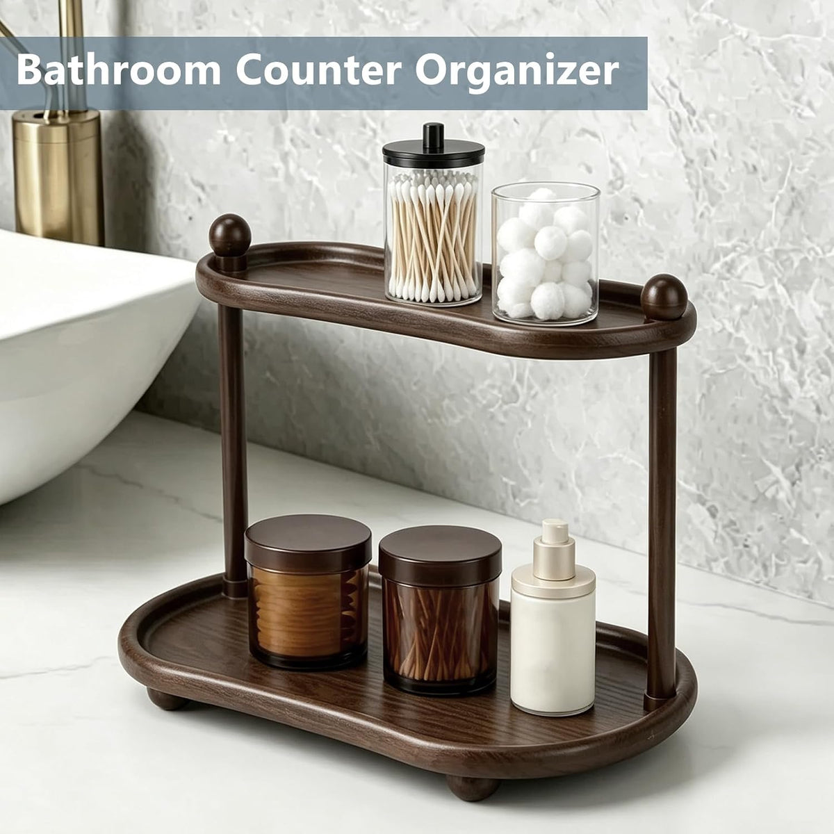 Bathroom Vanity Organizer, ABS Plastic Wood-Look Countertop Shelf, 13.2x7.8x11.8 in, with Anti-Slip Ball Feet (Two-Tier A)