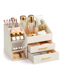 Lolalet Makeup Organizer Countertop with Drawers, Easy to Clean PU Leather Storage Box, 3-Layer Cosmetic Holder for Skincare, Lipstick, Perfume & Brush, Display Case for Vanity Dresser Bathroom -Cream