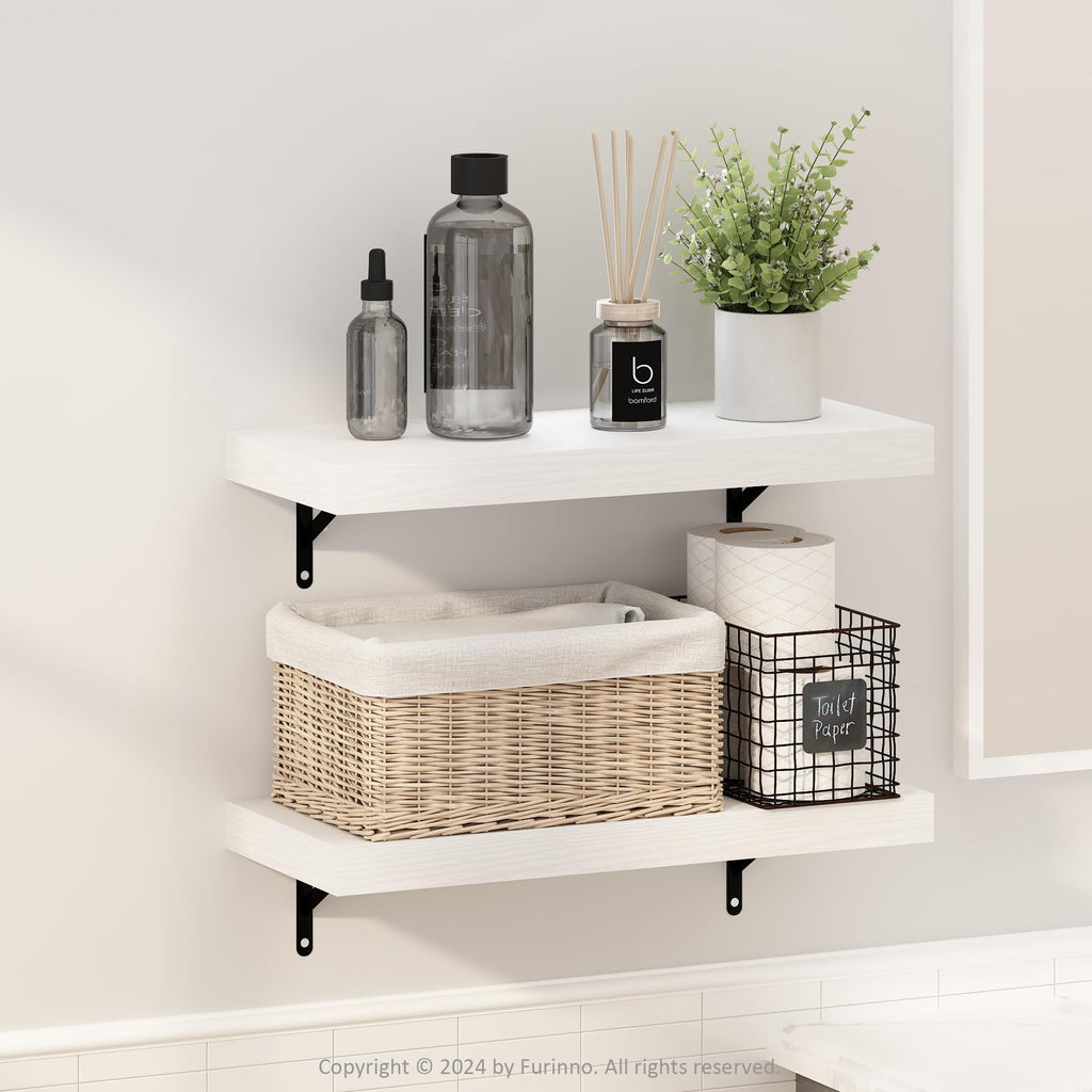 Furinno Tanna Floating Shelves for Wall Set of 2, 15-Inch Bathroom Wall Shelf, Wall Mounted Shelf, for Bathroom Organizers and Storage, Living Room, White Texture