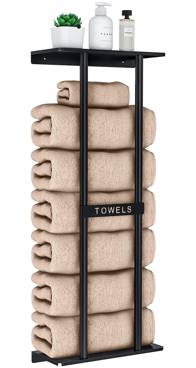 STWWO Towel Racks for Bathroom, Bathroom Towel Storage Wall Mounted 30 inch with Shelf Can Holds 6 Large Towels, Wall Towel Rack for Rolled Towels, Black