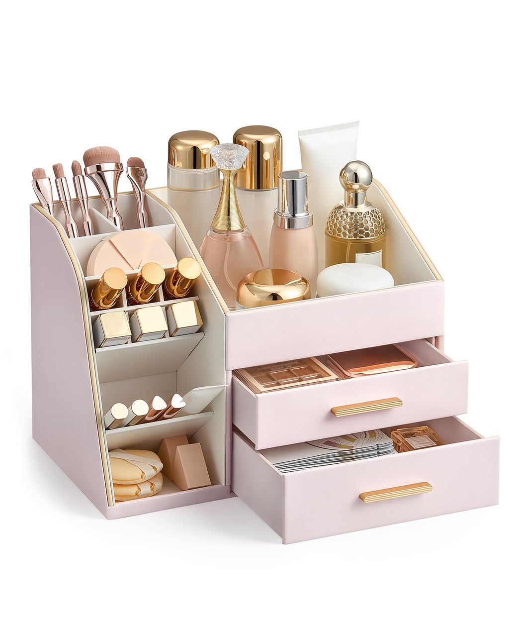 Lolalet Makeup Organizer Countertop with Drawers, Easy to Clean PU Leather Storage Box, 3-Layer Cosmetic Holder for Skincare, Lipstick, Perfume & Brush, Display Case for Vanity Dresser Bathroom -Cream