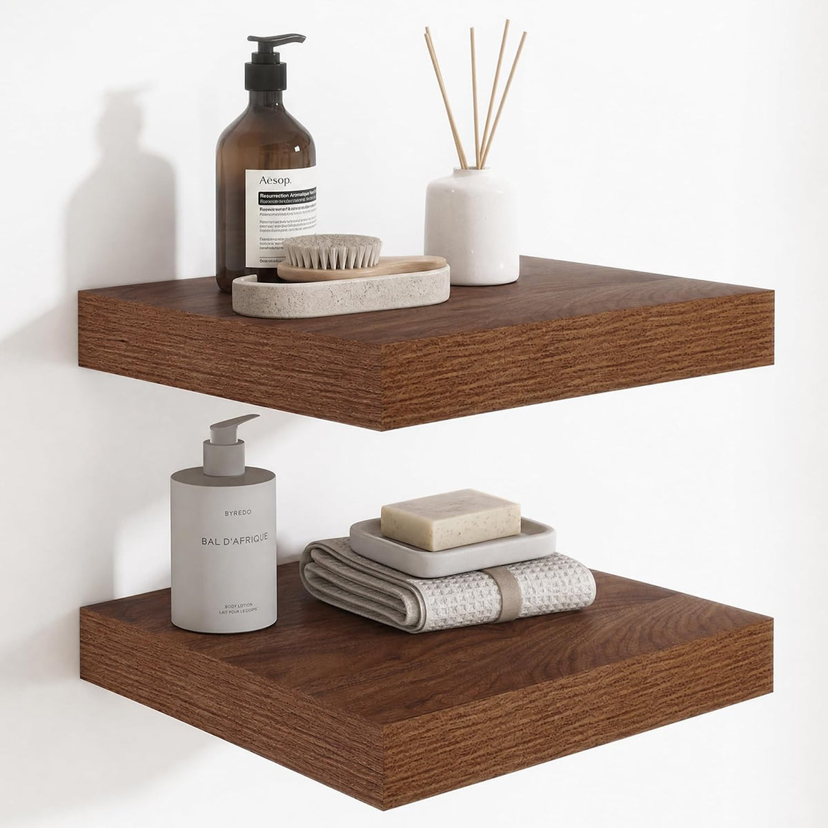 Deep Floating Shelves for Wall, 12 Inch Wide Small Wall Shelves Set of 2, 2 Inch Thick Invisible Wall Mounted Shelves for Bathroom Bedroom Nursery,Walnut Color