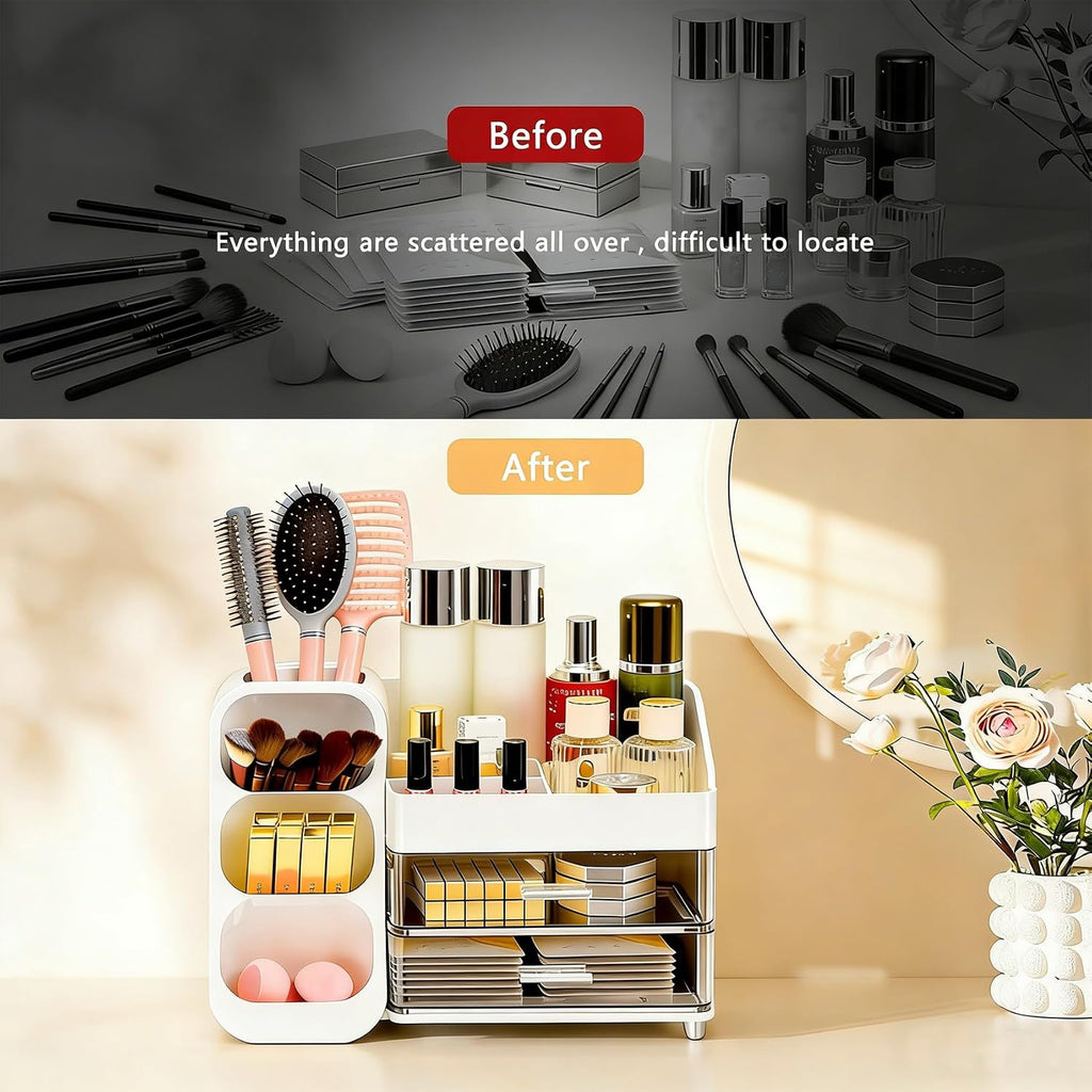 Makeup Organizer Countertop, Spacious Cosmetic Display Case with Makeup Brush Holder, Perfect Vanity Bathroom Organizer and Storage, White