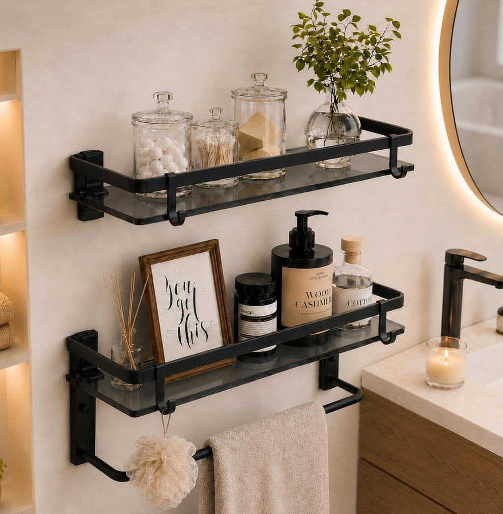 VOLPONE Glass Shelf for Bathroom 15.7 in Black Bathroom Shelves Wall Mounted Tempered Glass Shelving with 4 Removable Hooks (2 Tier)