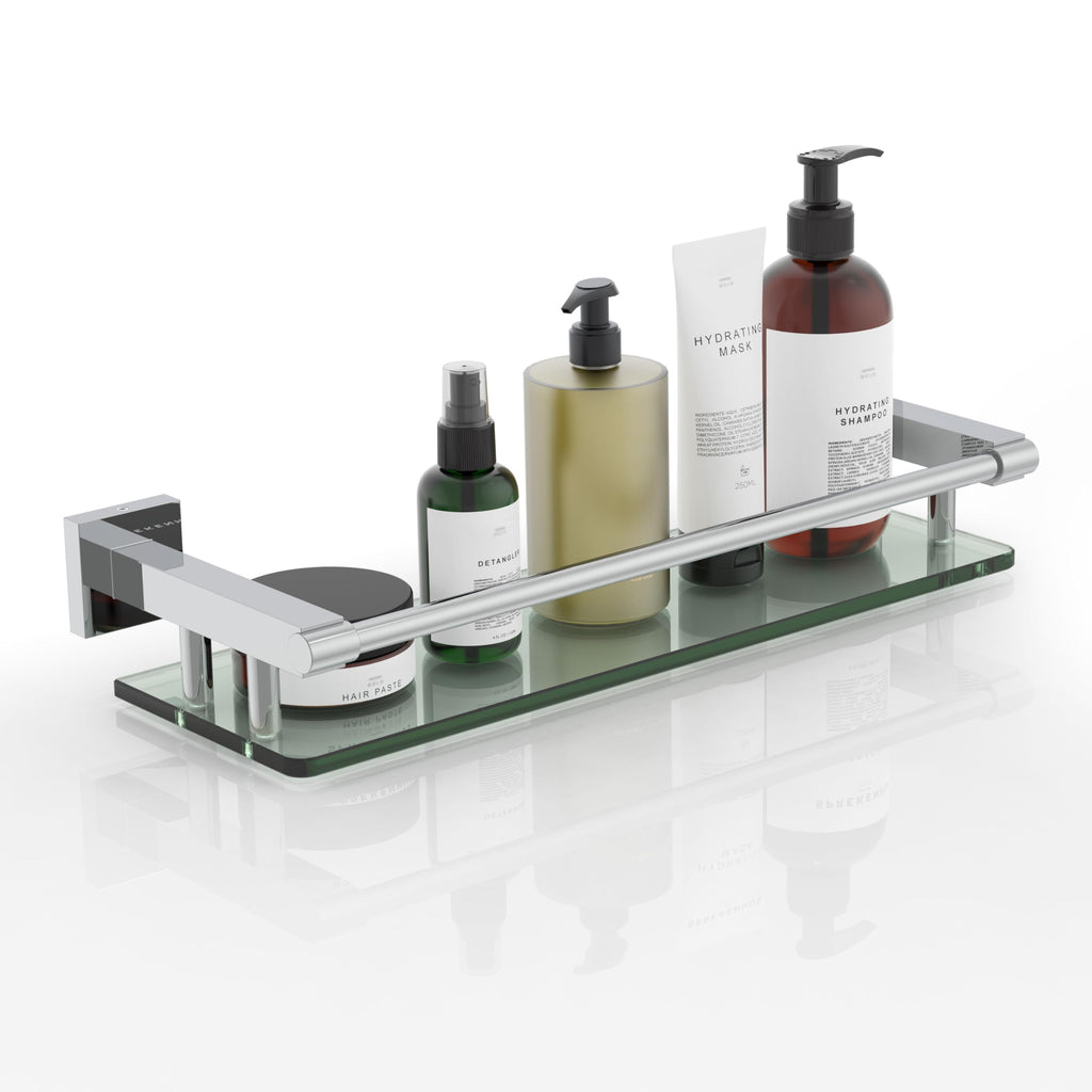 Glass Shelves for Bathroom, 16IN Brushed Nickel Bathroom Shelves for Wall Rectangular Stainless Steel Tempered Glass Modern use for Shelf Sink Over Toilet